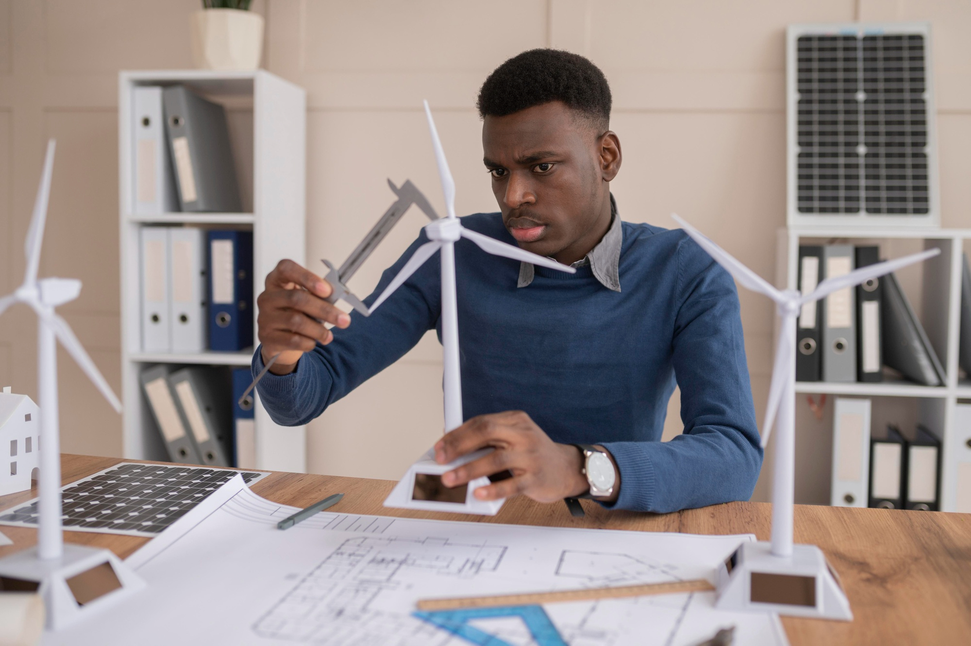 Engineer assessing renewable-energy models and plans