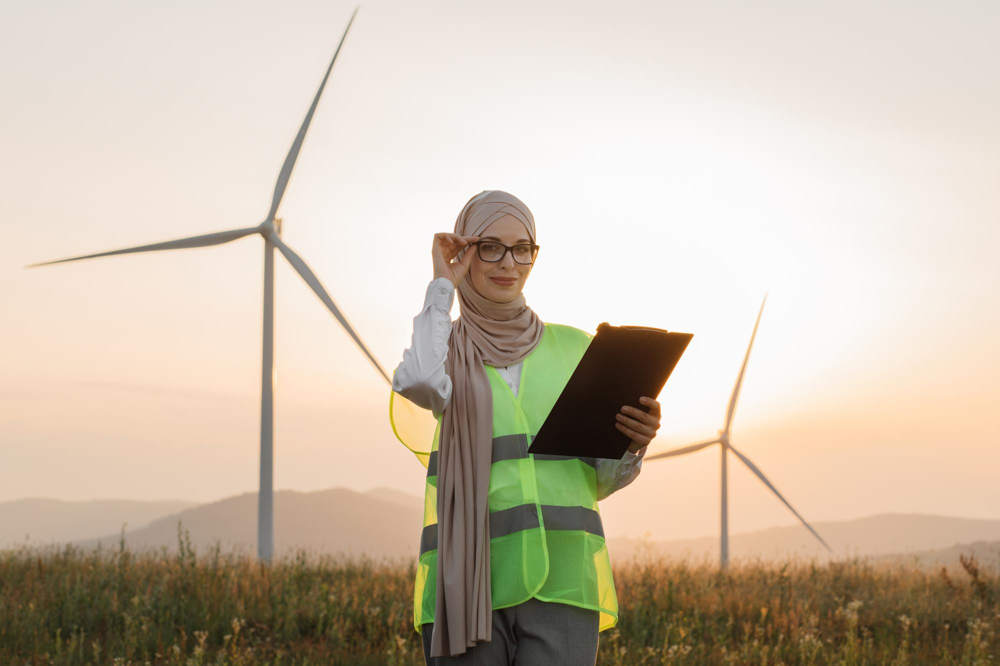 African woman working near wind turbines at sunset